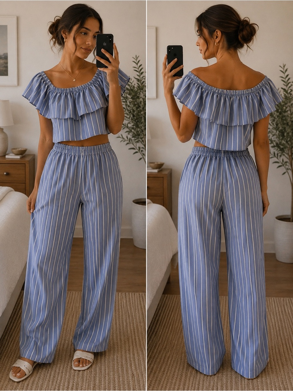 Striped Blue Two-Piece Crop Top & Wide-Leg Pants Set
